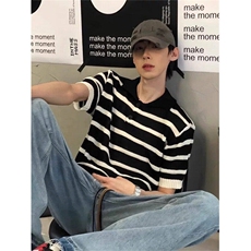 条纹镂空针织短袖男女美式polo衫夏季设计感小众t恤WLY50700-p40，男装T恤，星座1008