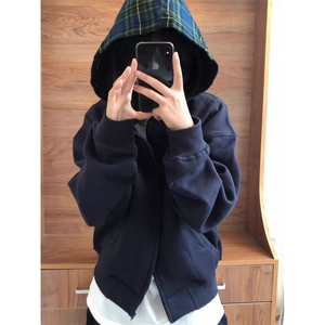 新款卫衣港风宽松简约连帽卫衣开衫男女同款潮流帅气百搭图片