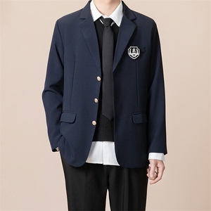 西服男痞帅秋冬百搭宽松黑色徽章休闲外套炸街男士小西装 XZ45图片