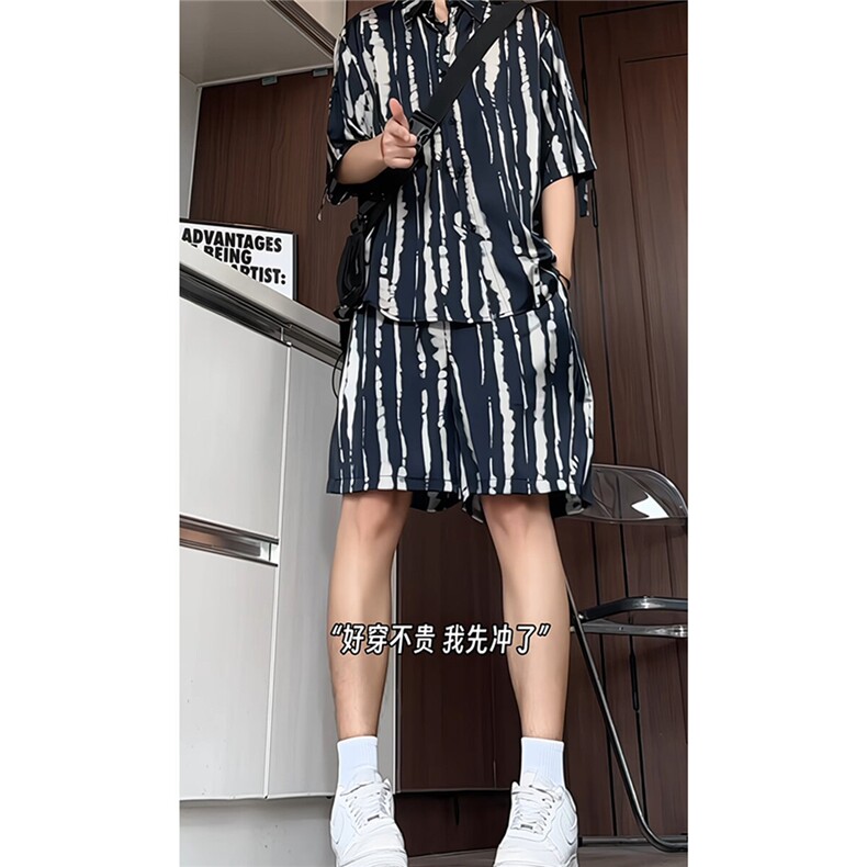 短袖衬衫男+短裤男潮流休闲套装男M-5XL大码TZ78719P50控98模特图图片