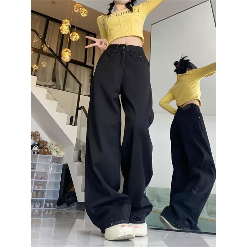 美式复古椰树刺绣黑色牛仔裤男春秋款显瘦高腰直筒微喇裤子高街潮,男装牛仔裤,星座1210-1