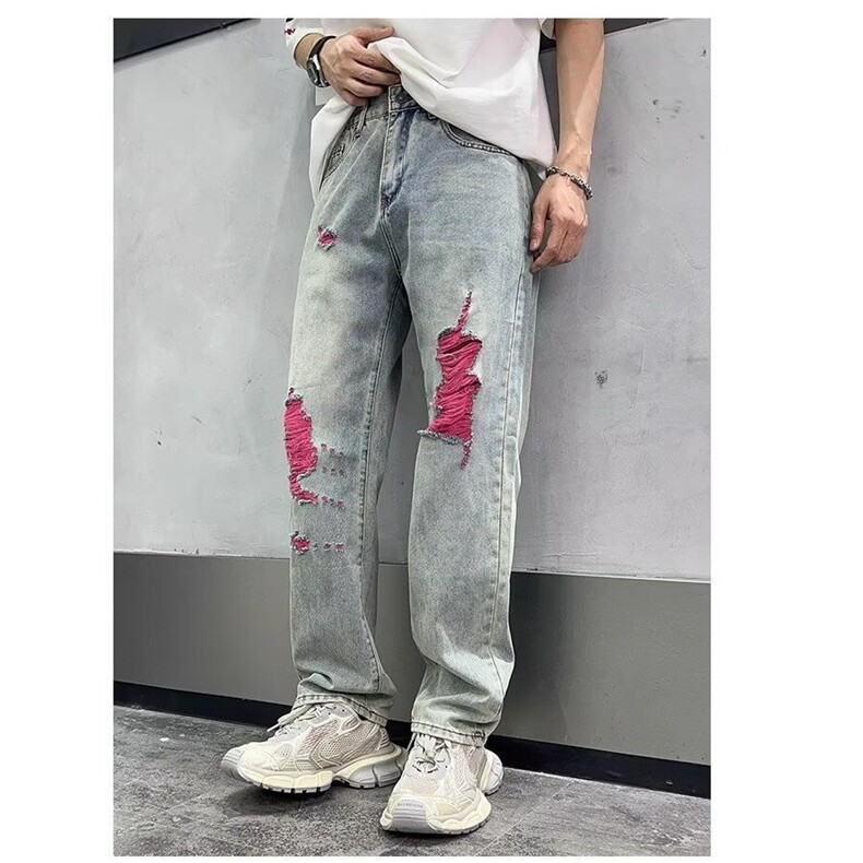 潮牌破洞牛仔裤男款美式高街做旧潮流宽松直筒休闲百搭长裤子网图,男装牛仔裤,星座302B-2