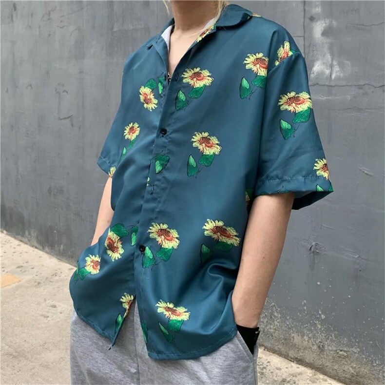 夏ins港风垂感花衬衫男薄款情侣宽松休闲外穿半袖衬衣 W1011-P28图片