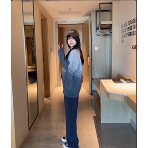 软糯渐变粉色提花毛衣男女套头冬季设计感小众氛围感水貂绒针织衫图片