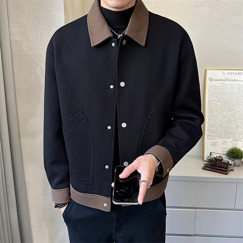 港风秋款男夹克衫开衫单排扣拼色大口袋外套JK0101 P50图片