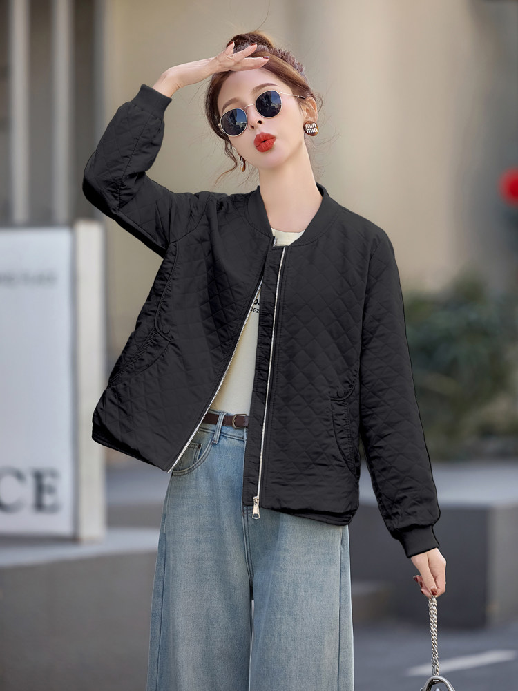粉色休闲棒球服短款外套女2026春秋新款洋气减龄时尚菱格夹克上衣,女装短外套,余墨