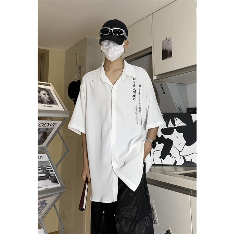 新中式风毛笔书法刺绣流苏短袖衬衫冰丝垂感衬衣C2321-特P35,男装T恤,星座1213