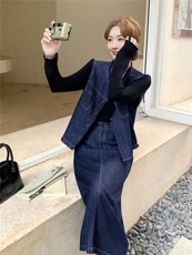 主推现货-2025年秋季新款气质高级感马甲休闲牛仔套装裙女，女装套装/套裙，霓裳依族