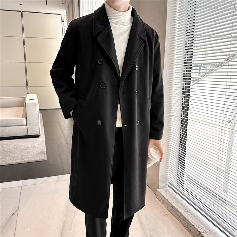 现货冬季毛呢大衣男中长款过膝西装领双排扣呢子风衣外套ins潮,男装风衣,星座218-1（原230）