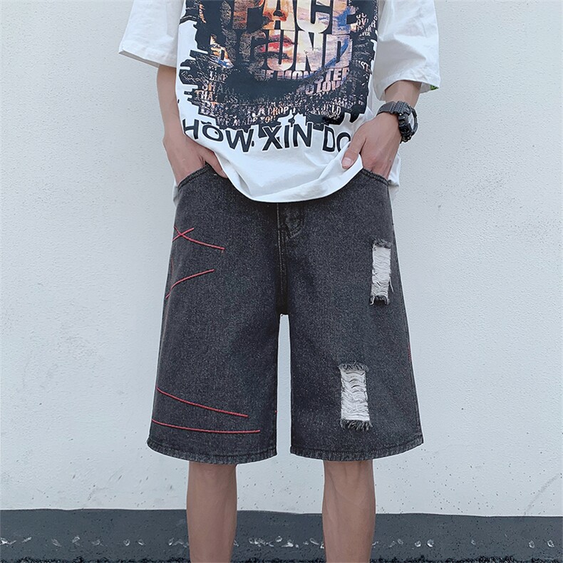 K6607-P40夏季宽松型黄泥破洞牛仔五分裤,男装休闲裤,星座1501-1