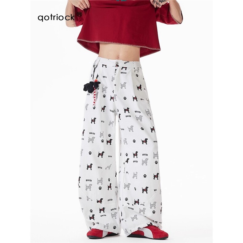 N1309-P53带挂件裤脚带抽绳满印小狗花纹弯刀裤，男装休闲裤，电商B323A