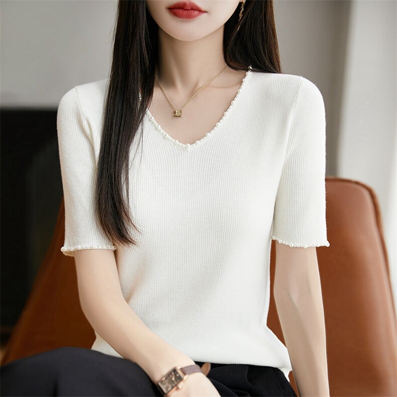 夏季新款精纺羊毛针织短袖T恤女V领坑条钉珠半袖宽松纯色打底上衣，女装针织衫/毛衣，暖烁特种纱工厂店