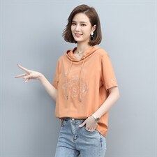 2023夏季新款简约时尚气质圆领休闲舒适连帽T恤，女装T恤，玛其路