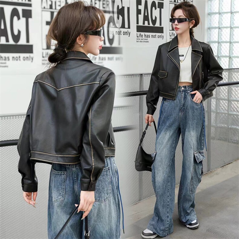 复古港风皮衣女外套2025秋装新款宽松显瘦机车夹克pu短款翻领上衣，女装皮衣，江南女神