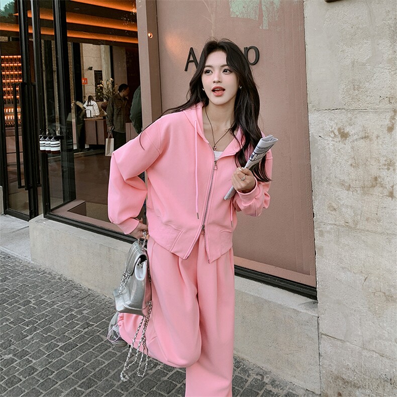 2024早春穿搭整套粉色卫衣休闲运动套装女减龄洋气阔腿裤两件套,女装套装/套裙,千千佰惠