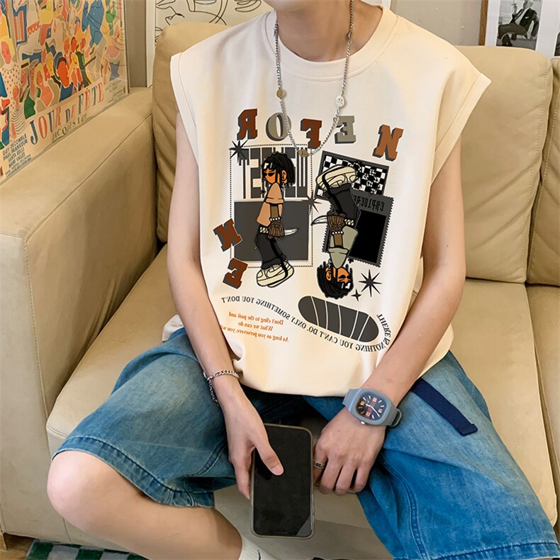 抖音供货、200克现货全棉印花背心宽松无袖T恤D223A-BX2303-P25,男装背心/马甲,电商019-1