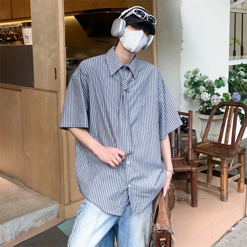特P48无差价新款夏季时尚百搭条纹领带衬衫-HC2283港风,男装衬衫,电商A003
