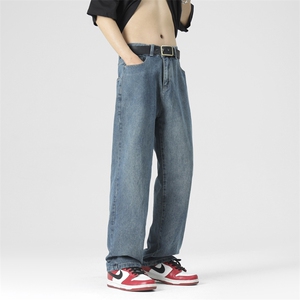 wassuphappy美式牛仔裤男款春秋夏季潮流宽松直筒裤休闲阔腿裤子,灰色螺纹阔腿裤搭配什么上衣好看图片