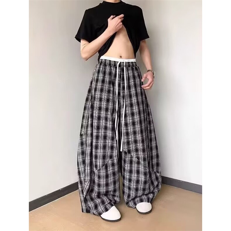 美式复古格纹双腰头拼接休闲裤女春季宽松显瘦慵懒感直筒百搭长裤,男装休闲裤,四季星座505