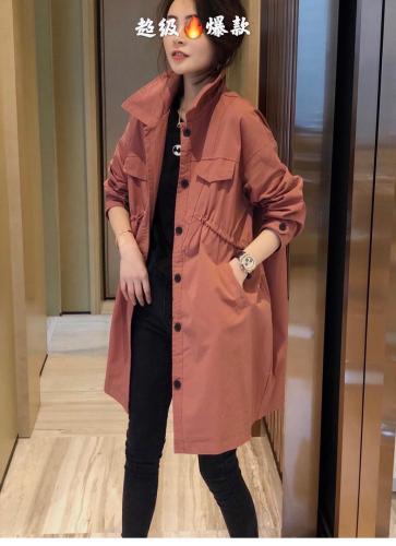 DG863早春新款抽绳松紧腰宽松翻领中长款风衣外套,女装风衣,L·H·X