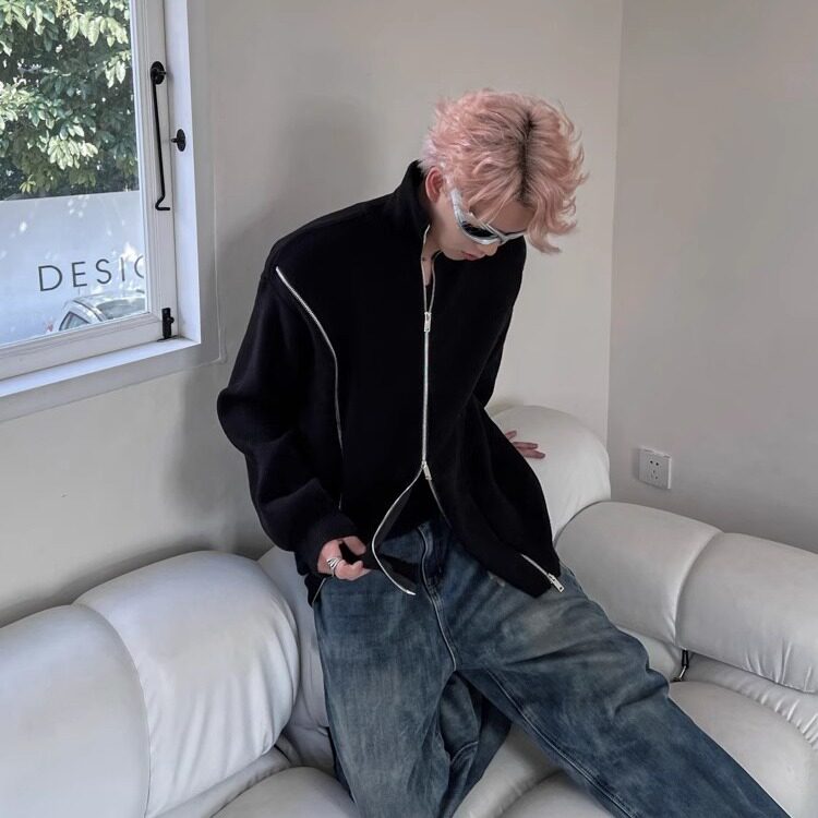 秋冬小众拉链设计毛衣外套男cleanfit纯色宽松休闲重磅立领针织衫,男装针织衫/毛衣,星座506A