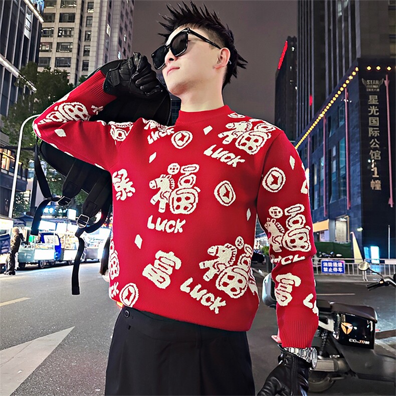 LV302/P88控118冬季吉普马新年贺岁提花加厚针织毛衣男红首1,男装针织衫/毛衣,星座305B