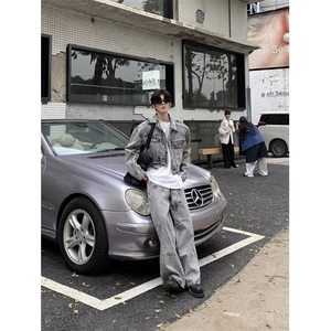 美式高街小众水洗破洞牛仔裤男vibe潮牌痞帅破坏设计感宽松阔腿裤图片
