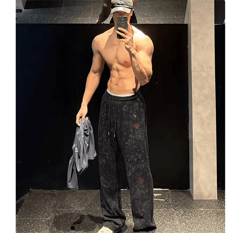 春装高品质扎染刺绣工艺弯刀卫裤男重磅复古垂感休闲运动裤阔腿裤,男装休闲裤,电商A486