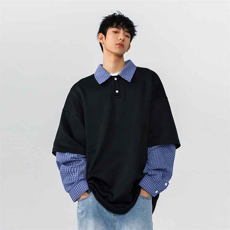 2026春季潮流假两件亨利领男老钱风拼接格子卫衣W5014-特P35控58，男装卫衣，电商A001