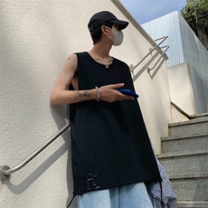 2025夏季马甲美式大码男双纱重磅破洞情侣无袖汗背心T264/P35控55，男装背心/马甲，星座608A