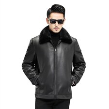 J8069新款海宁男式绵羊皮皮衣男翻领兔毛内胆皮克服夹克P990图片