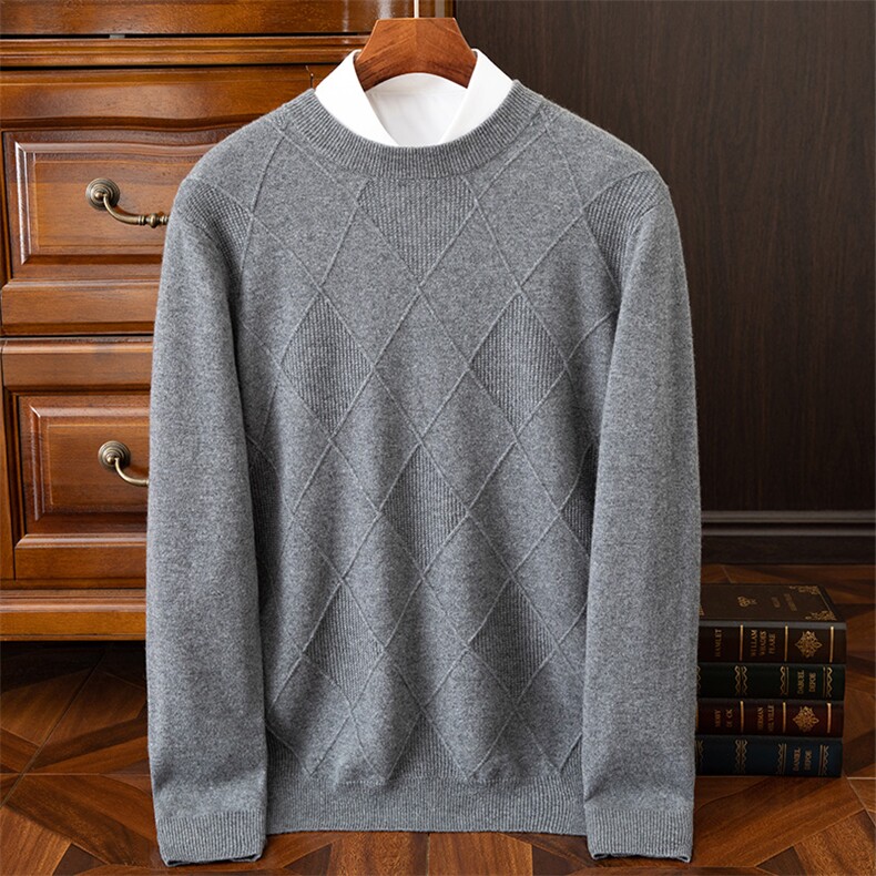 品质男羊绒衫羊绒经典圆领长袖菱形绞花图案百搭保暖男装，男装羊绒套衫，欧力羊绒
