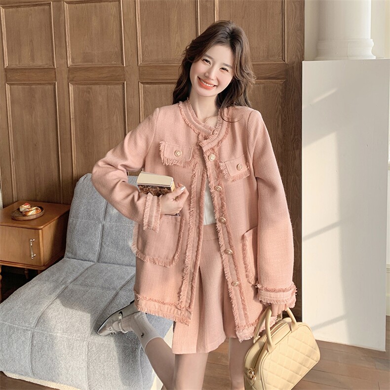 粉色千金风超好看套装2025新款秋季简约小香风上衣高腰短裤两件套，女装套装/套裙，帛锦泉