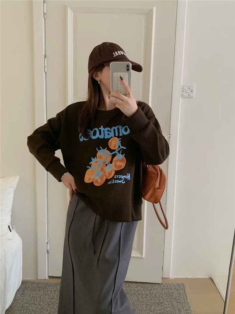 2025年秋季圆领长袖宽松型套头番茄加绒卫衣，女装卫衣/绒衫，湘姗