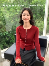 秋冬新款圆高领女纽扣修身开衫上衣针织衫百搭，女装针织衫/毛衣，玛卡隆羊绒