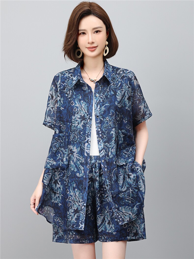 套装女2026年夏季新款时尚宽松中年妈妈大码短裤两件套,女装套装/套裙,江忆布依