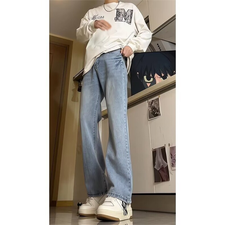 美式复古水洗做旧牛仔裤男潮牌宽松休闲直筒百搭拖地裤图片