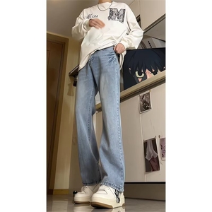 美式复古水洗做旧牛仔裤男潮牌宽松休闲直筒百搭拖地裤图片