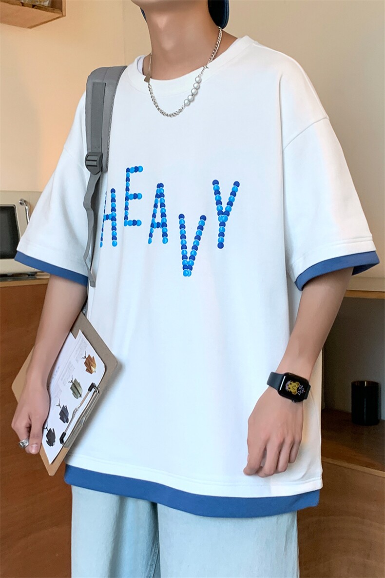 新款夏季短袖珠地面料宽松刺绣印花假两件男士T恤ZDY3416-P49,男装T恤,星座717