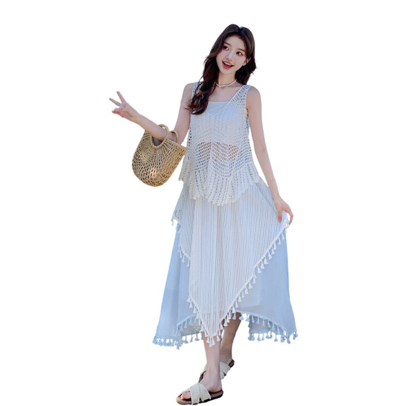 波西米亚度假风套装裙女2025夏新款镂空马甲背心流苏半身裙三件套,女装套装/套裙,浙宝220