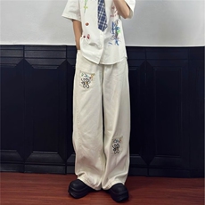 美式复古花朵刺绣印花白色牛仔裤女夏季新款街头辣妹宽松阔腿长裤，男装牛仔裤，星座1018A