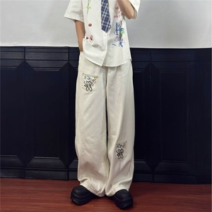 美式复古花朵刺绣印花白色牛仔裤女夏季新款街头辣妹宽松阔腿长裤图片