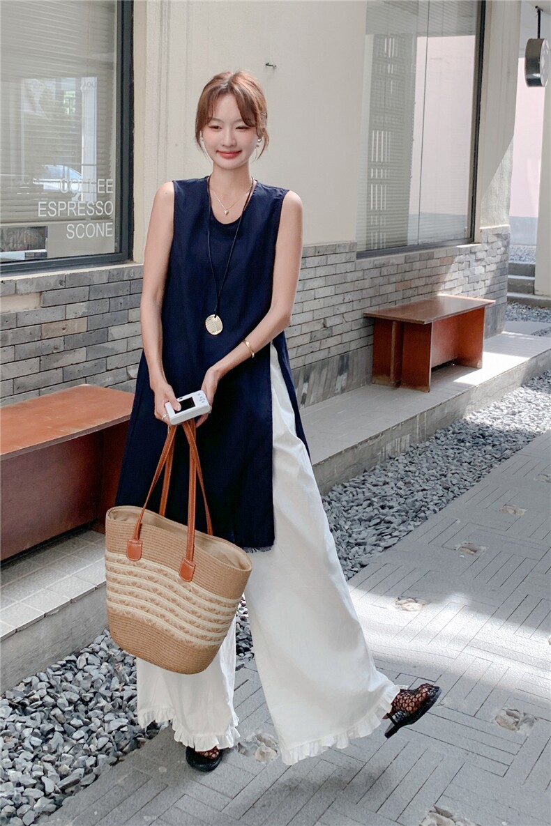 韩系圆领无袖背心连衣裙宽松套装女夏高级百搭气质甜美叠穿阔腿裤,女装套装/套裙,浙宝069