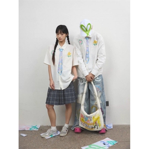 创意趣味蜡笔手绘涂鸦领带短袖衬衫 少年感衬衣夏季新DX9957 P45图片