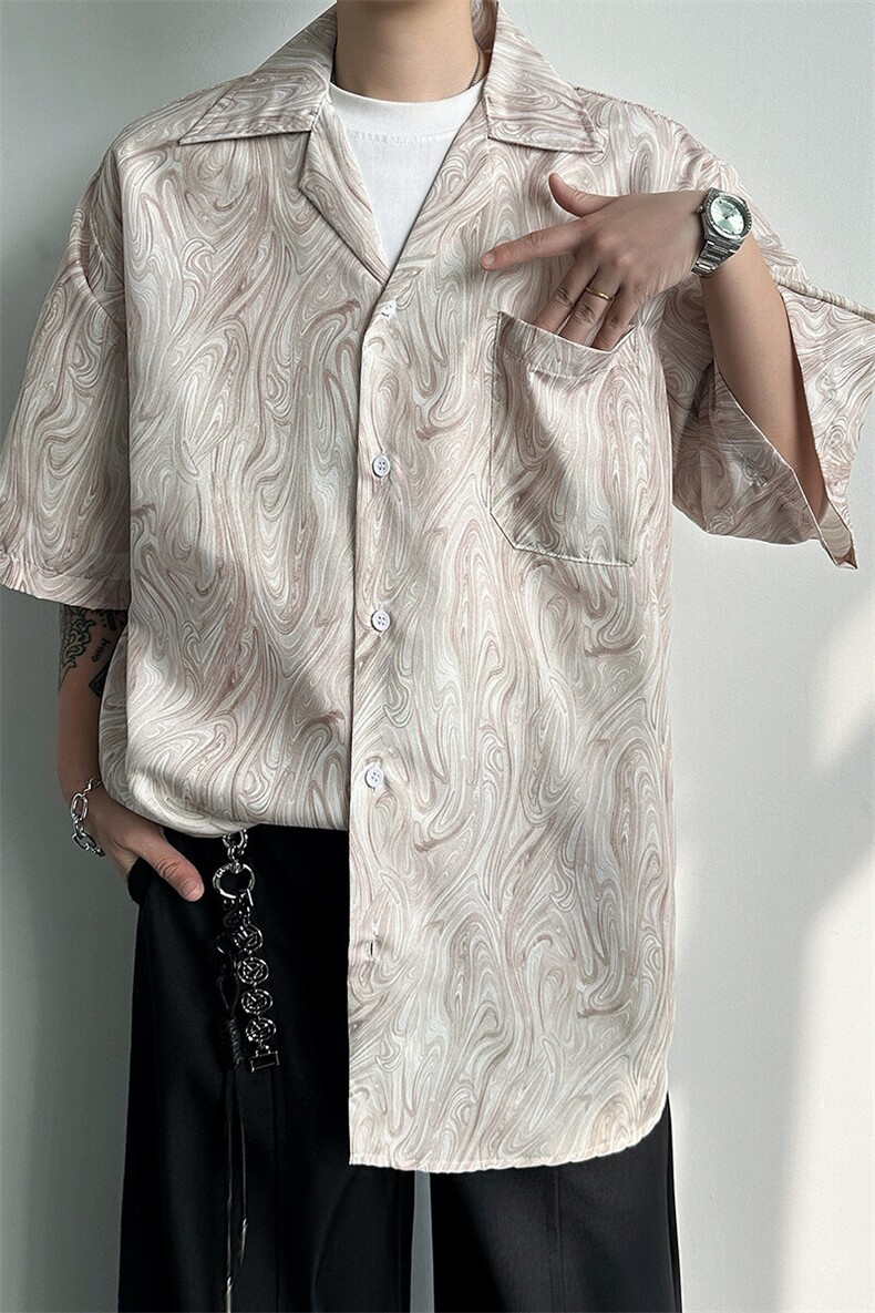 8XL-M冰丝古着感波浪纹短袖衬衫男宽松休闲沙滩古巴领衬衣CS528,男装衬衫,电商D206-1