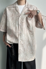 8XL-M冰丝古着感波浪纹短袖衬衫男宽松休闲沙滩古巴领衬衣CS528，男装衬衫，电商D206-1
