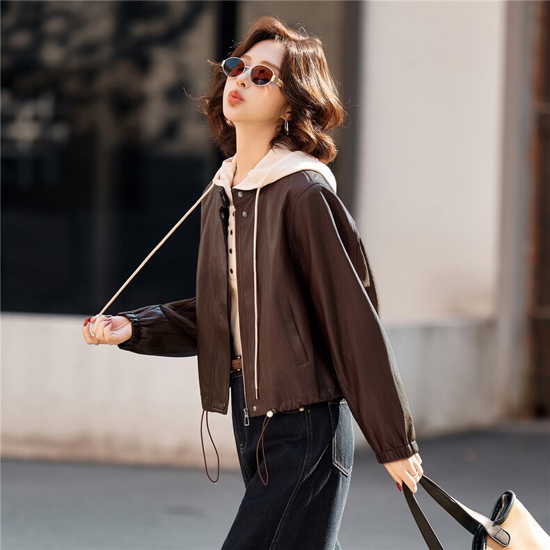 BK时尚油蜡磨砂皮女立领小个子短款海宁皮衣夹克外套2026春秋新款，女装皮衣，美拉德工厂直营店