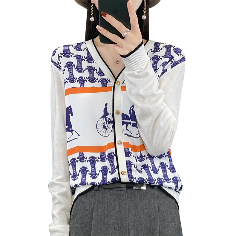 2024春秋新款真丝外套女V领拼接羊毛开衫印花宽松韩版针织衫毛衣,女装羊毛衫,科源羊绒