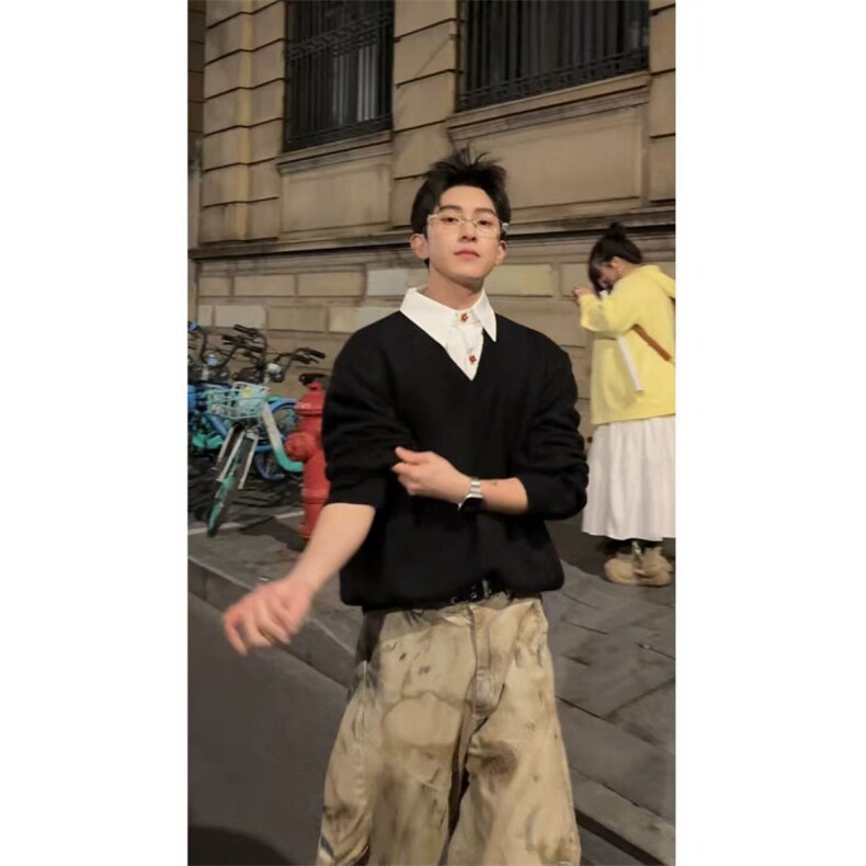 现货~高智感V领假两件polo氛围感高级老钱针织毛衣MY2576批68,男装针织衫/毛衣,星座1411A-6