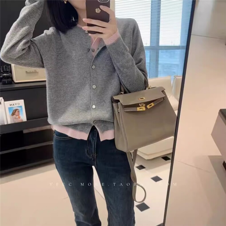 2024秋装新款短款女单排扣圆领针织开衫外套,女装羊毛衫,珍珑羊绒